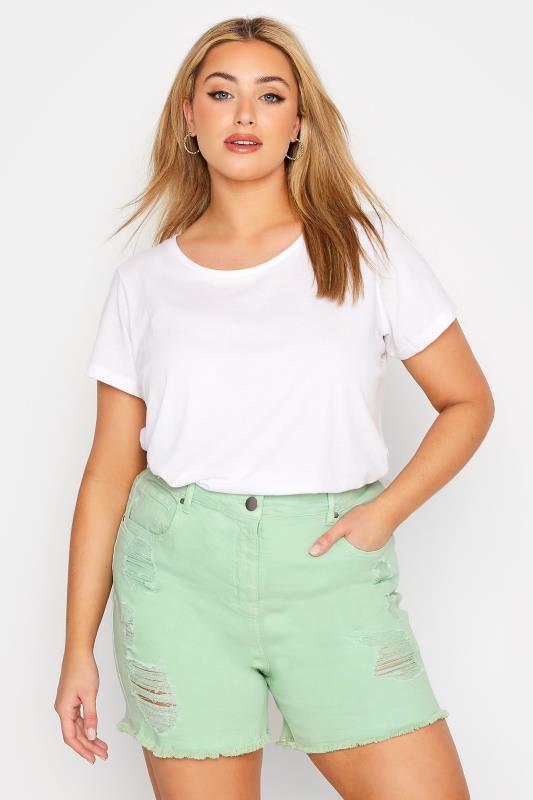 Plus Size  Curve Mint Green Ripped Denim Mom Shorts