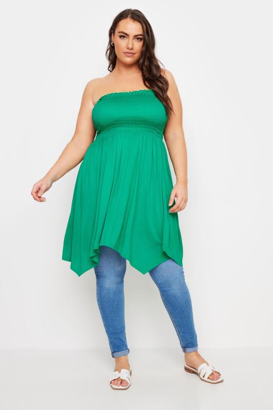 YOURS Plus Size Green Shirred Bandeau Longline Top | Yours Clothing 2