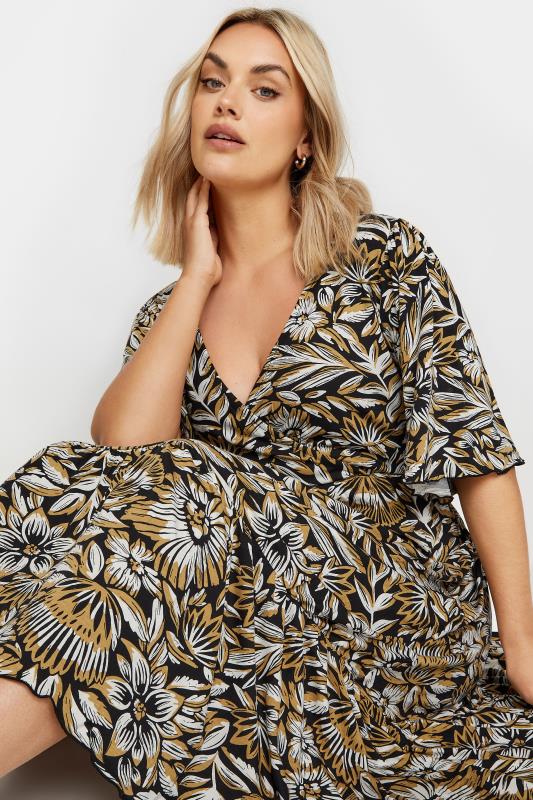 YOURS Plus Size Black & Yellow Floral Print Midi Wrap Dress | Yours Clothing 4