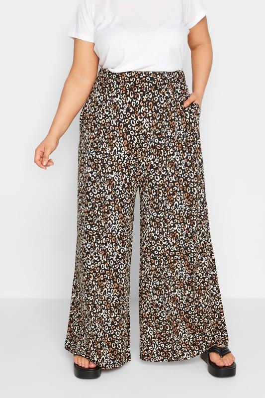 YOURS Curve Gold Leopard Print Wide Leg Stretch Trousers 1