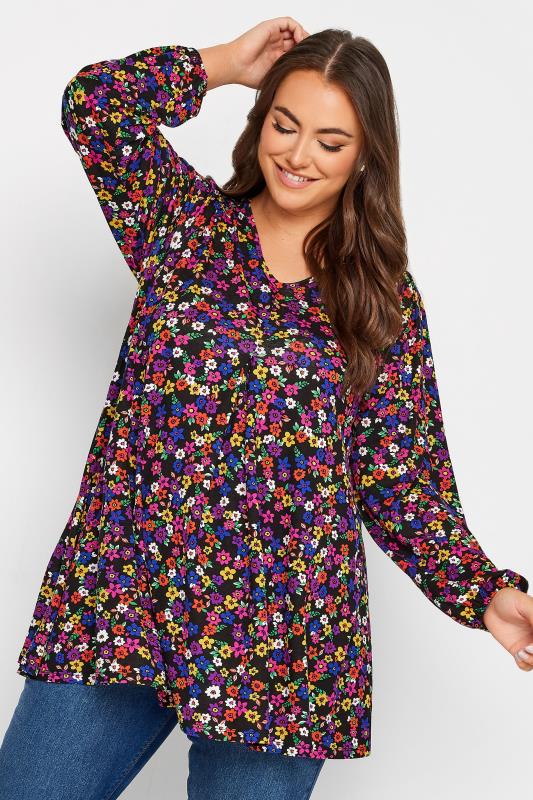 Plus Size Black Long Sleeve Ditsy Floral Print Swing Top | Yours Clothing 1