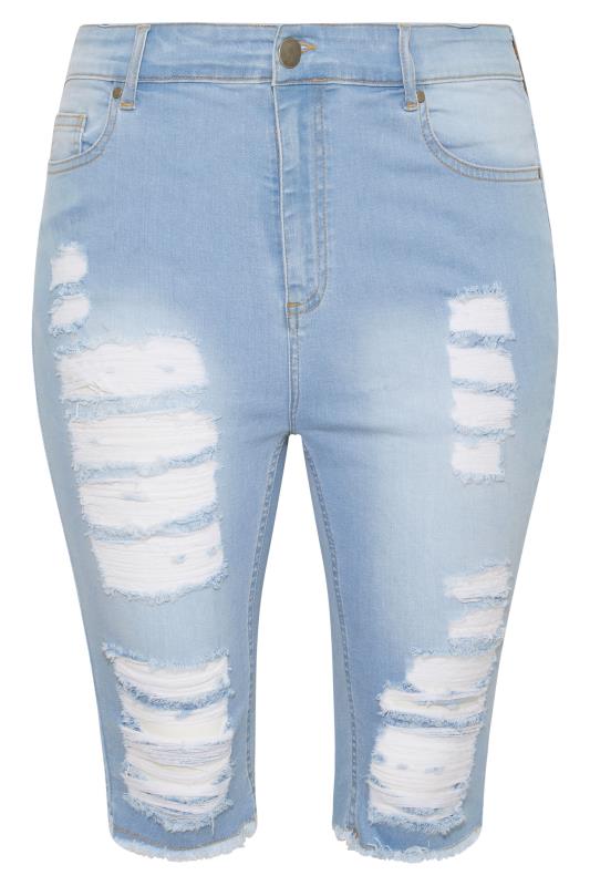 Plus Size Bleach Blue Ripped Denim Stretch Shorts | Yours Clothing 3