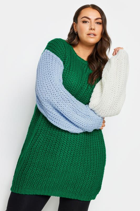 YOURS Plus Size Green Colourblock Chunky Knit Jumper | Yours Clothing 1