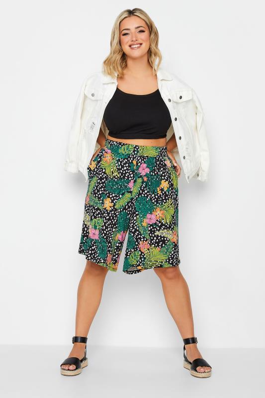 YOURS Curve Plus Size Black Mixed Tropical Print Jersey Shorts | Yours Clothing  2