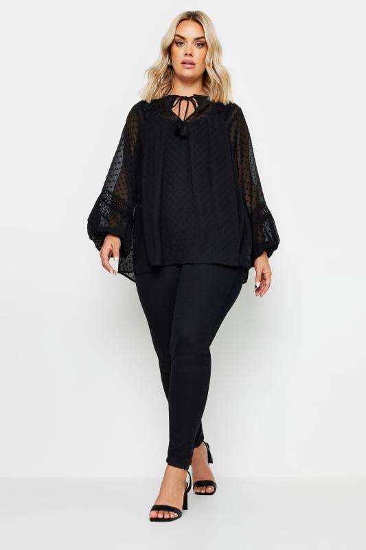 YOURS Plus Size Black Lace Detail Dobby Blouse | Yours Clothing  2