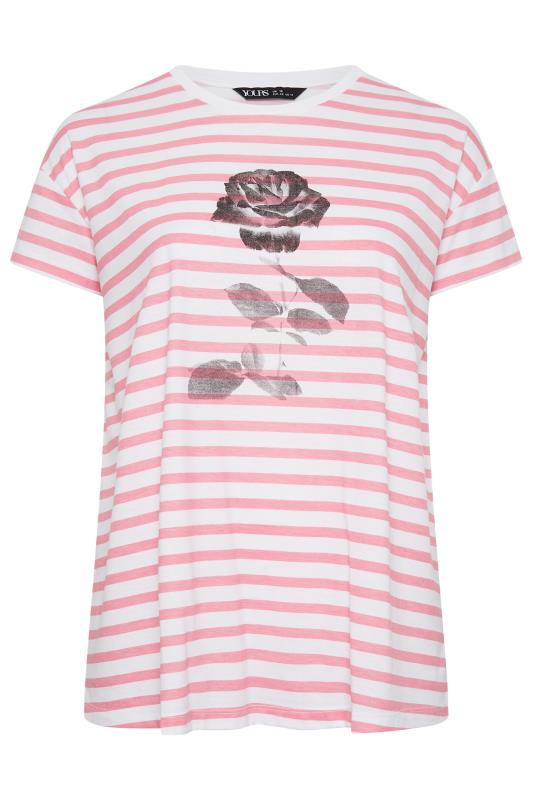 YOURS Plus Size Pink Stripe Rose Print T-Shirt | Yours Clothing 6