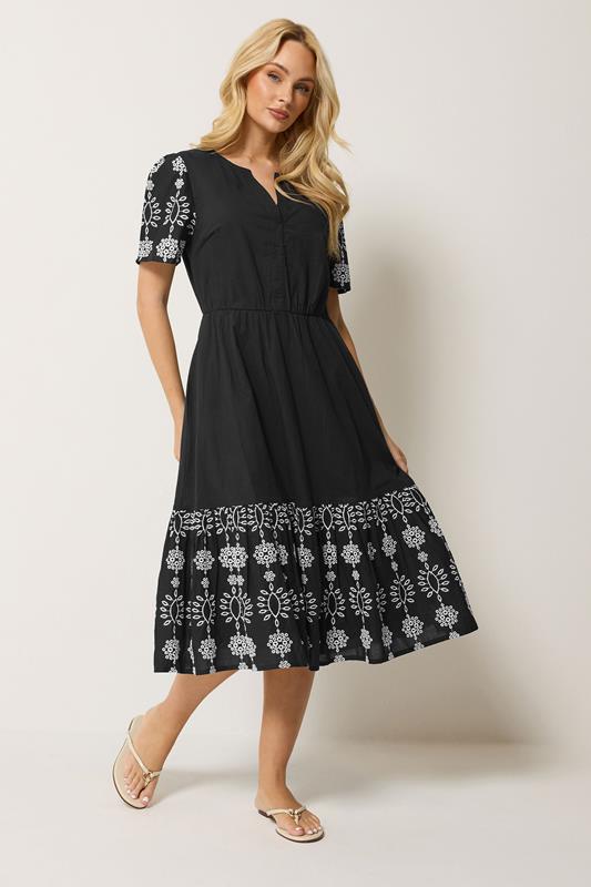 M&Co Black Notch Neck Cotton Embroidered Dress | M&Co 1