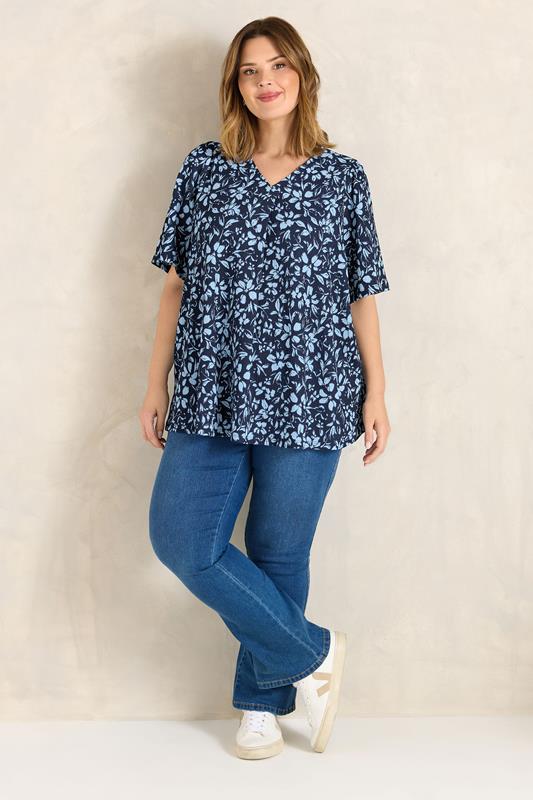 EVANS Plus Size Blue Floral Print Pleat Front Top | Evans 2