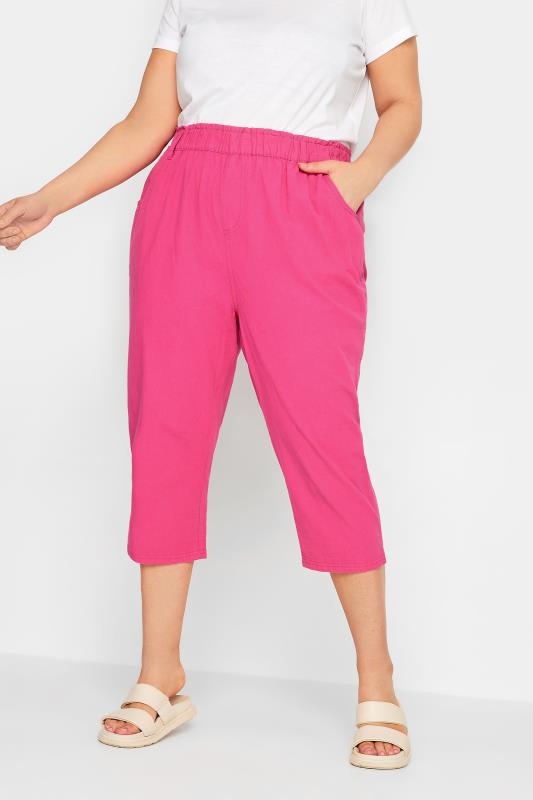 YOURS Curve Plus Size Hot Pink Cotton Cropped Trousers | Yours Clothing  1