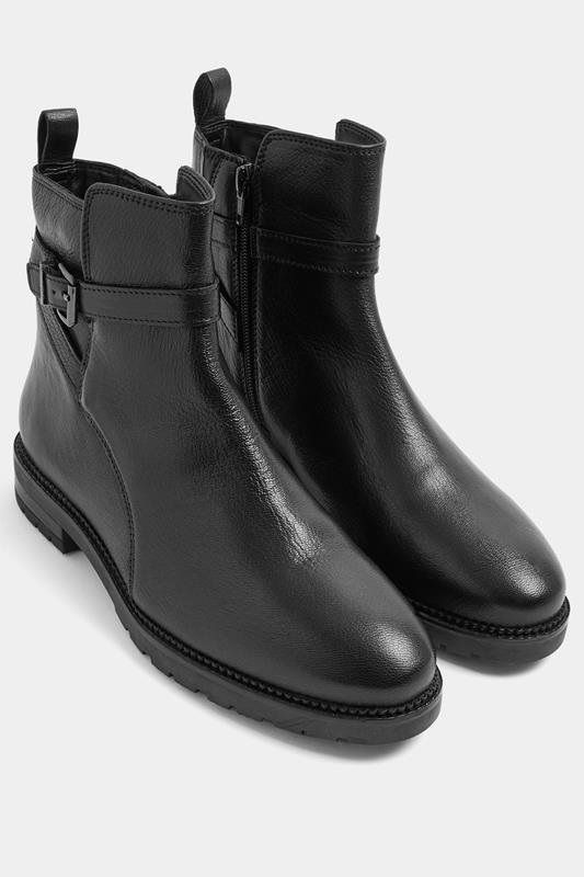  Black Leather Buckle Detail Ankle Boots In Wide E Fit