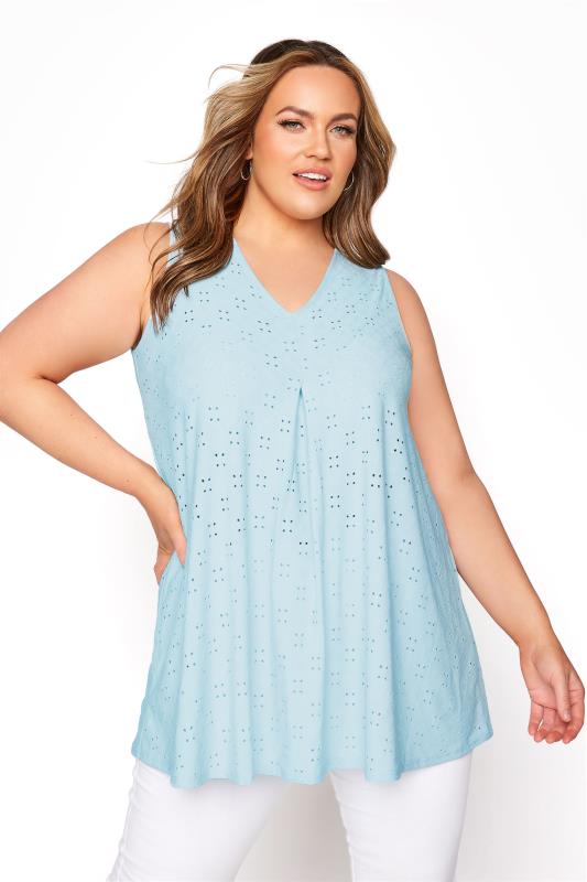  Tallas Grandes Light Blue Broderie Anglaise Swing Vest Top