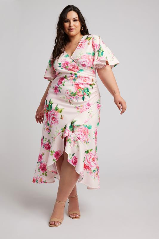 YOURS LONDON Plus Size Pink Floral Print Ruched Midi Dress | Yours Clothing 5