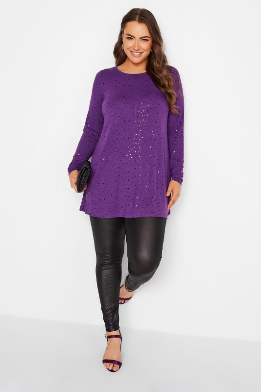 Curve Plus Size Purple Embellished Long Sleeve Swing Top | Yours Clothing 2
