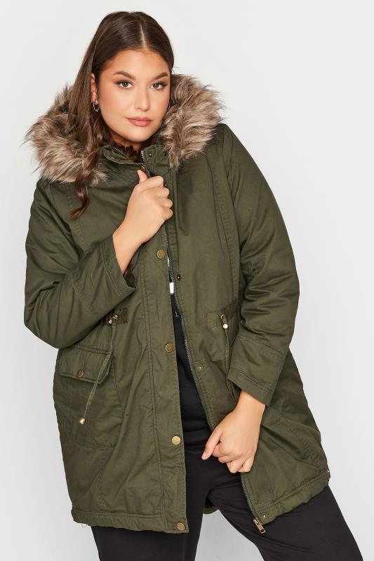 Plus Size Khaki Green Faux Fur Lined Hooded Parka | Yours Clothing 3