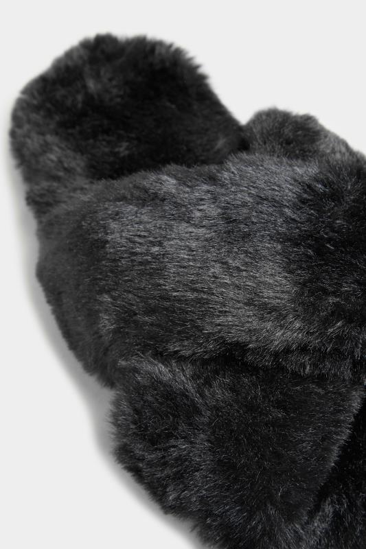 LTS Black Faux Fur Cross Strap Slippers In Standard D Fit 6