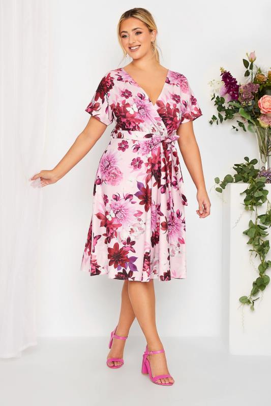 YOURS LONDON Curve Plus Size Pink & Red Floral Skater Wrap Dress | Yours Clothing  1