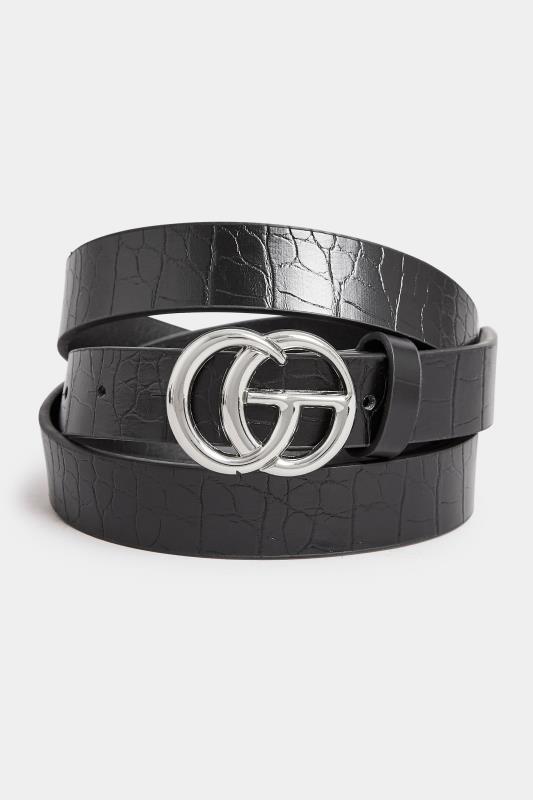 2 PACK Black & Croc Print Initial Logo Belts | Yours Clothing 5
