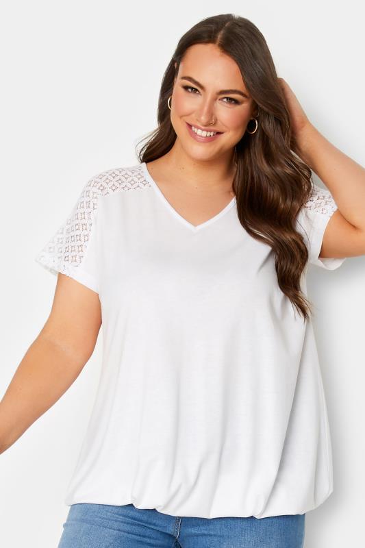 Plus Size  YOURS Curve White Lace Sleeve Bubble Hem T-Shirt
