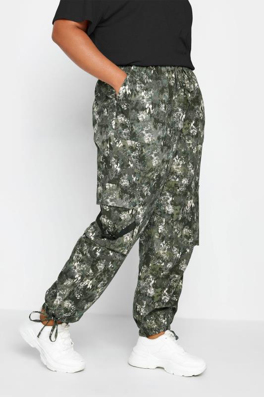 LIMITED COLLECTION Curve Dark Green Camo Cargo Parachute Trousers | Yours Clothing 3