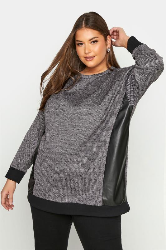 Plus Size  Curve Grey PU Leather Detail Sweatshirt