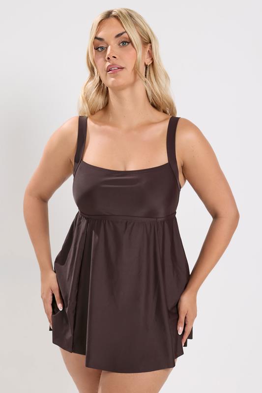 Yours Women's Plus Size Chocolate Brown Square Neckline Swim Dress Size 20