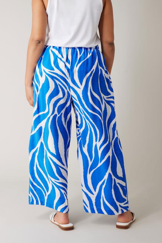 EVANS Plus Size Blue & White Abstract Print Wide Leg Trousers | Evans 3