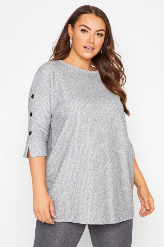 Plus Size Curve Grey Marl Button Sleeve Knitted Top | Yours Clothing 1