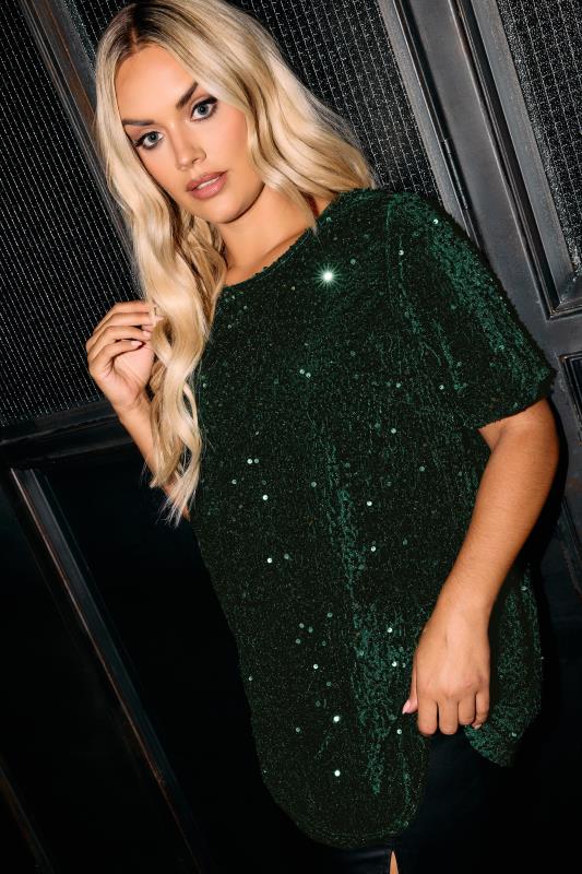 YOURS LONDON Plus Size Emerald Green Velvet Sequin Top Yours Clothing