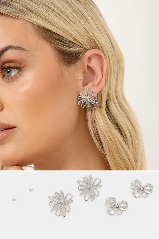 YOURSET 3 PACK Silver Tone Floral Earrings | Yours Clothing 1