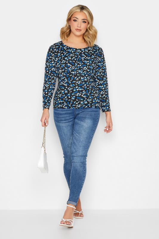 YOURS PETITE Curve Plus Size Black Ditsy Print Long Sleeve Top | Yours Clothing  2