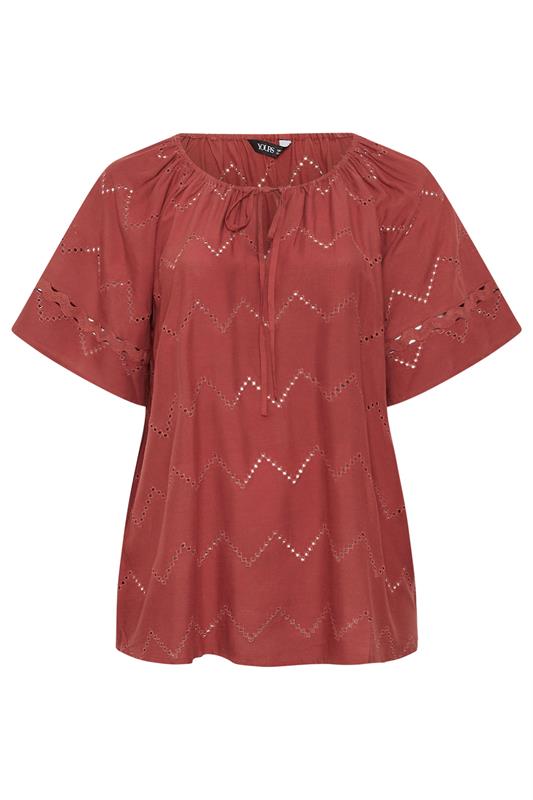YOURS Plus Size Red Broderie Anglaise Scallop Blouse | Yours Clothing 5