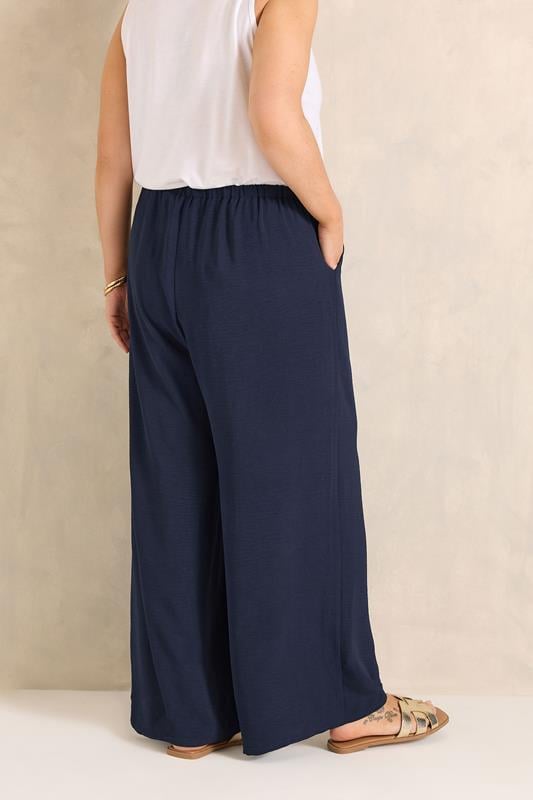 EVANS Plus Size Navy Blue Tie Waist Wide Leg Trousers | Evans  2