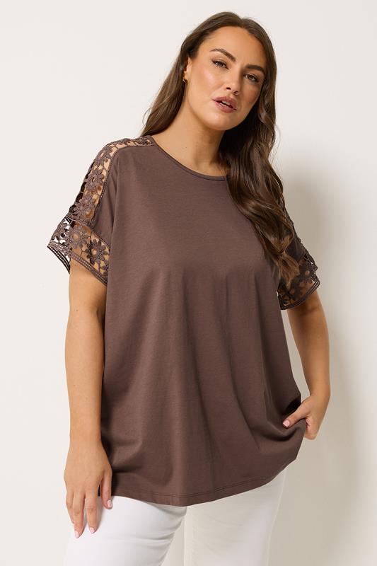  YOURS Curve Brown Crochet T-Shirt