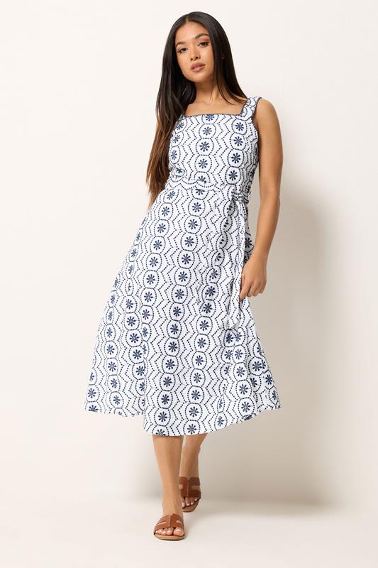  M&Co Petite White & Navy Blue Embroidered Cotton Dress