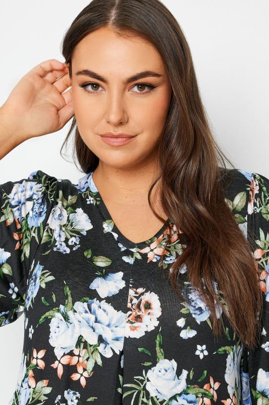YOURS Plus Size Black & Blue Floral Print Pleated Swing Top | Yours Clothing 4