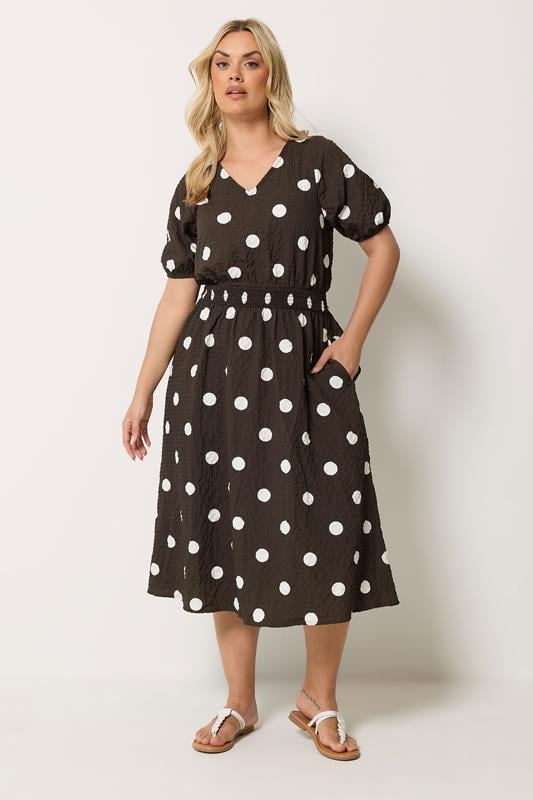 YOURS Plus Size Brown Polka Dot Midaxi Smock Dress | Yours Clothing 1