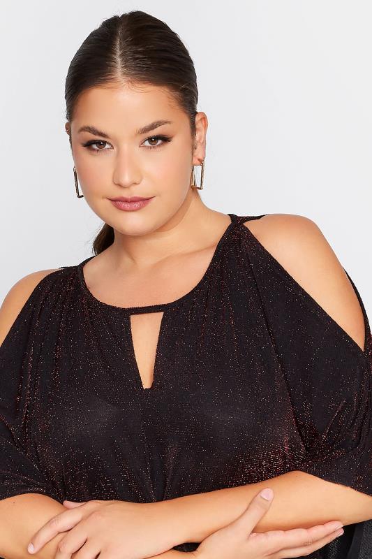 YOURS LONDON Plus Size Red Glitter Cold Shoulder Cape Top | Yours Clothing 4