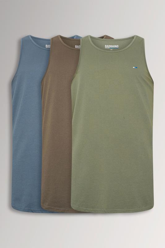 BadRhino Big & Tall 3 PACK Green/Blue/Brown Plain Vest Tops