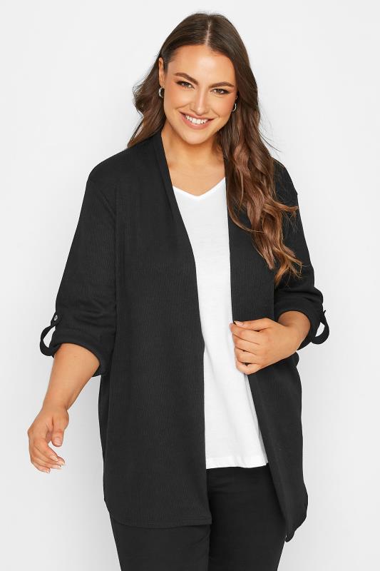 Plus Size Black Ribbed Roll Tab Cardigan | Yours Clothing