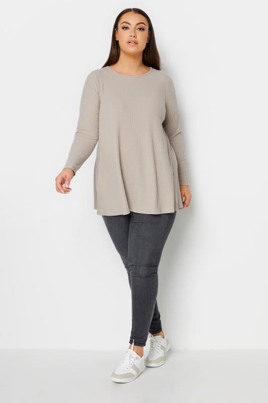 YOURS Plus Size Stone Brown Ribbed Swing T-Shirt | Yours Clothing 2