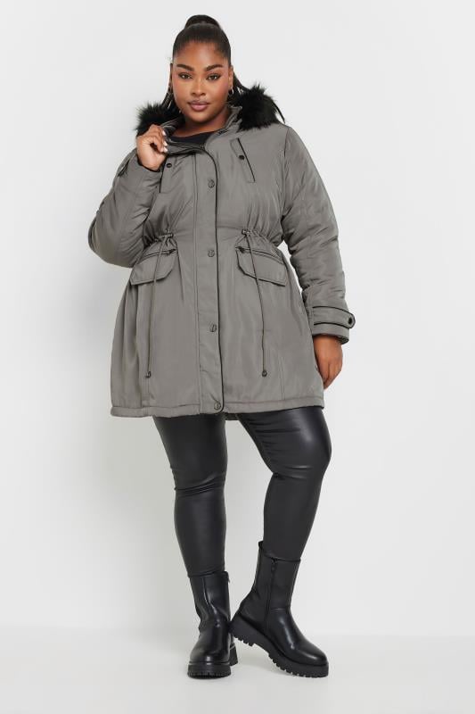 YOURS Plus Size Charcoal Grey Faux Fur Trim Plush Parka Jacket | Yours Clothing 3