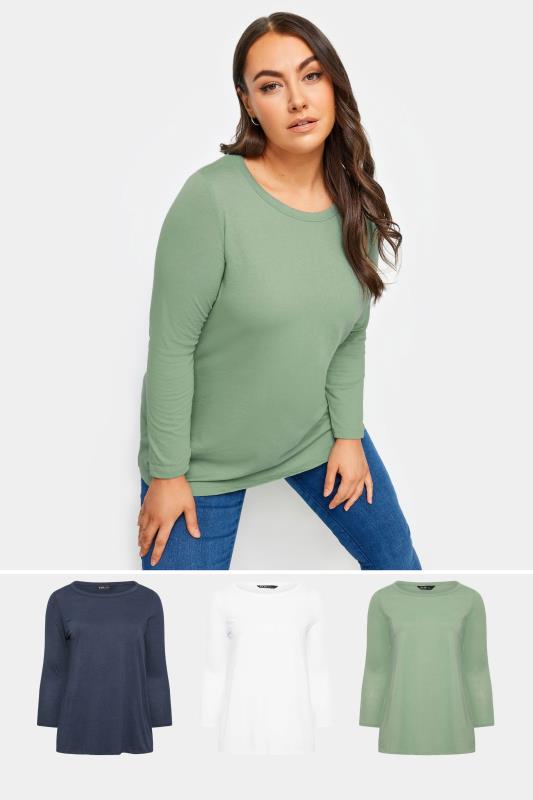 YOURS 3 PACK Plus Size Navy Blue & White Long Sleeve Tops | Yours Clothing 1