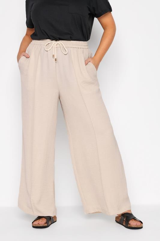 Plus Size Stone Brown Lightweight Twill Wide Leg Trousers | Yours Clothing 1