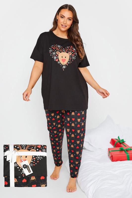 Plus Size Black Rudolph Print Christmas Pyjama Gift Set | Yours Clothing 1