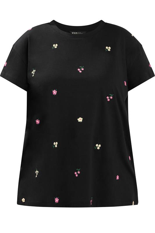 YOURS Plus Size Black Embroidery Blossom T-Shirt | Yours Clothing 5