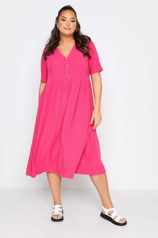 Plus Size  LIMITED COLLECTION Curve Hot Pink Ribbed Peplum Midi Dress