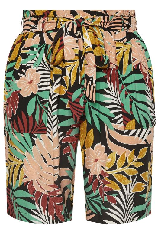 YOURS Plus Size Black Tropical Print Paperbag Shorts | Yours Clothing 5