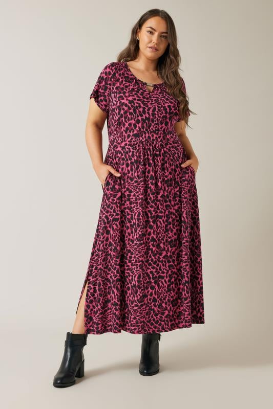 EVANS Plus Size Pink Leopard Print Midaxi Dress | Evans 1