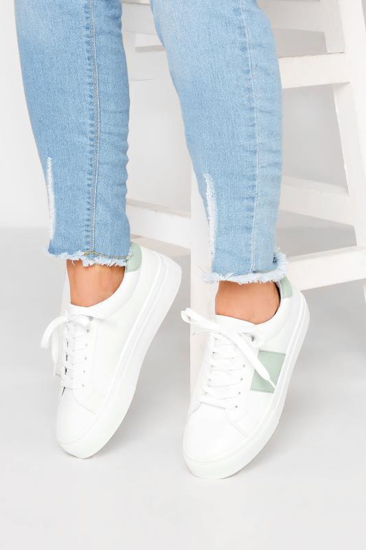 LIMITED COLLECTION Plus Size White & Mint Green Stripe Trainers In Wide EEE Fit | Yours Clothing  1