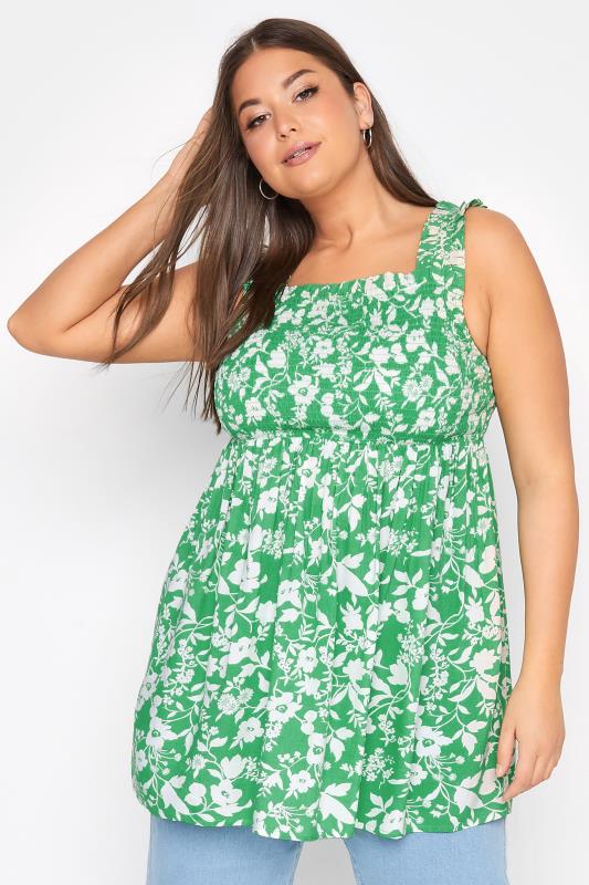 Plus Size Green Floral Shirred Vest Top | Yours Clothing 1